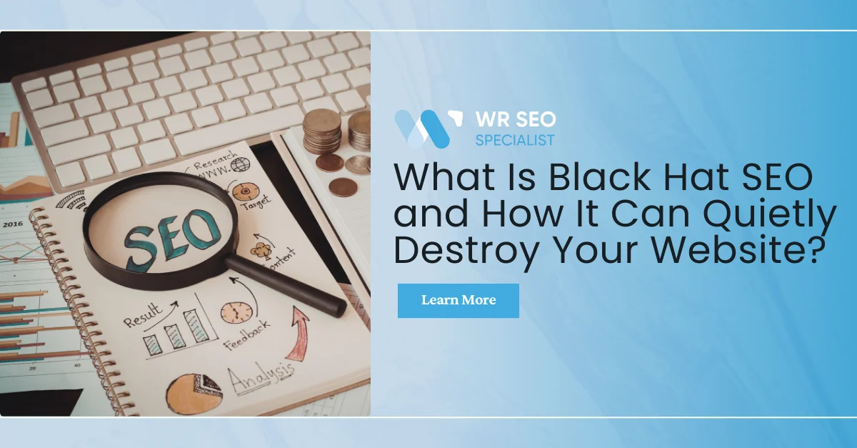 An SEO-focused workspace featuring a notebook with a magnifying glass over "SEO," accompanied by charts and coins.