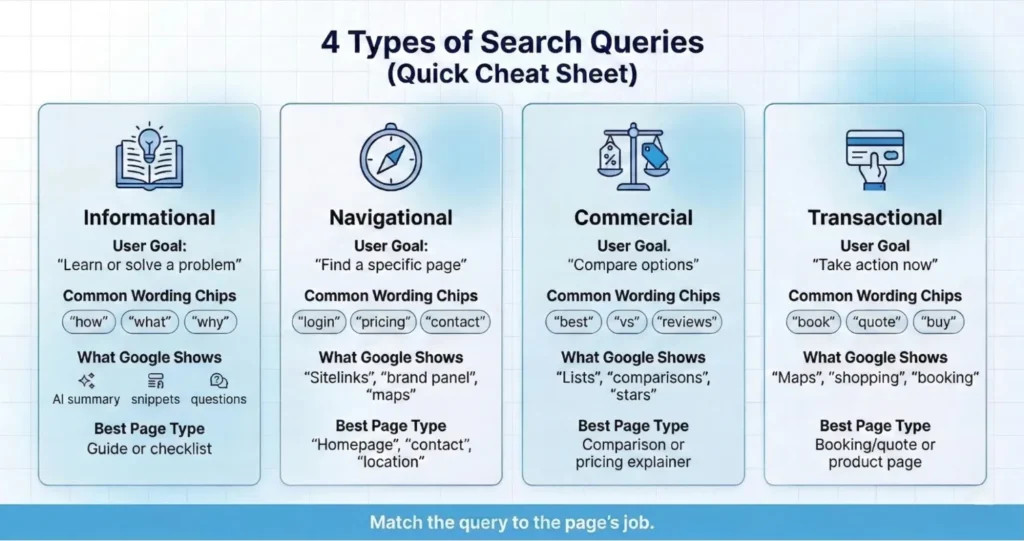 infographics show 4 type of query searches.. Informational, commercial, Transactional, Navigational