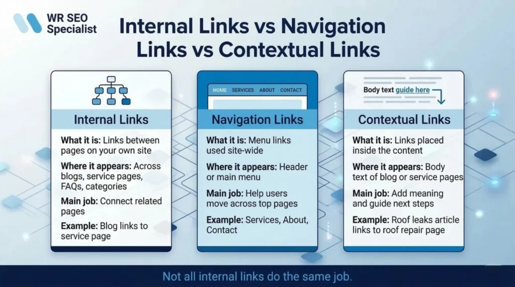 infographics about Intenal links vs navigational links vs contextural links