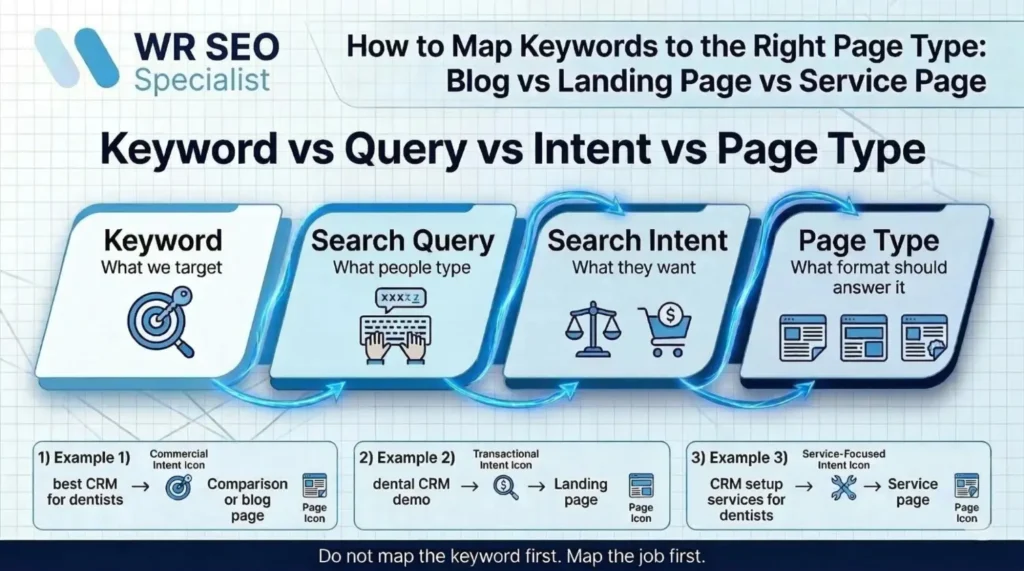 infographics about Keywords, Search Intent, and Page Types Are Not the Same Thing..