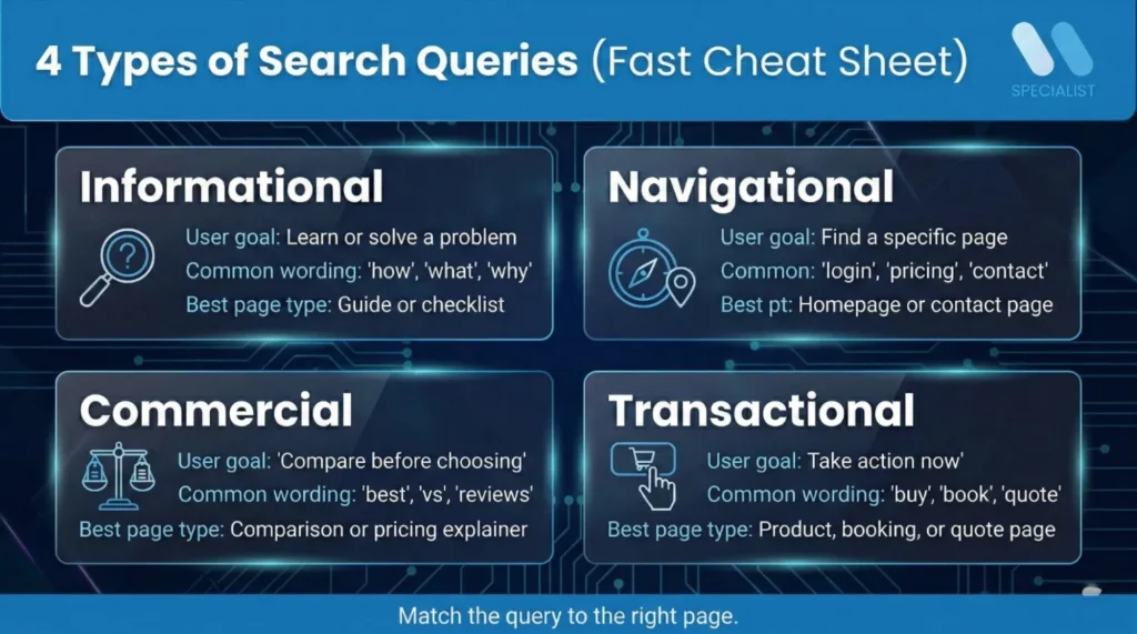 The Four Core Types of Search Queries Quick Overview Table: Informational, Navigational, Transactional, Commercial.