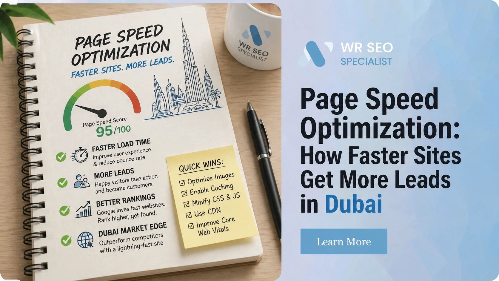 Notebook with page speed optimization tips and a 95/100 score, advertising faster sites for more leads in Dubai by WR SEO Specialist.