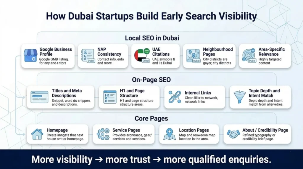 Infographic outlining how Dubai startups build early search visibility using local SEO, on-page SEO, and core pages for more visibility and trust.