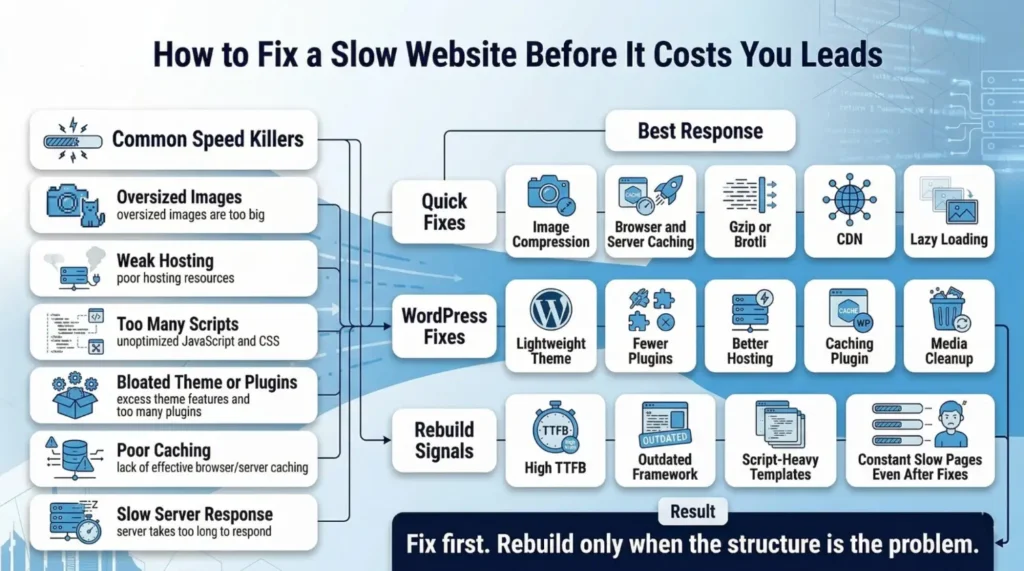 Flowchart showing how to fix a slow website by addressing common speed killers with quick fixes, WordPress fixes, and rebuilding signals for better performance.