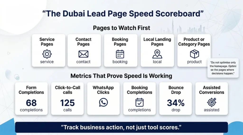 Alt text: Summary of Dubai Lead Page Speed Scoreboard showing key pages to optimize and metrics like form completions, calls, bounce drop, and assisted conversions.