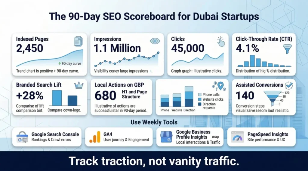SEO scoreboard for Dubai startups showing 90-day metrics: indexed pages 2,450, 1.1M impressions, 45,000 clicks, 4.1% CTR, +28% branded search lift, 680 local actions, 140 assisted conversions.