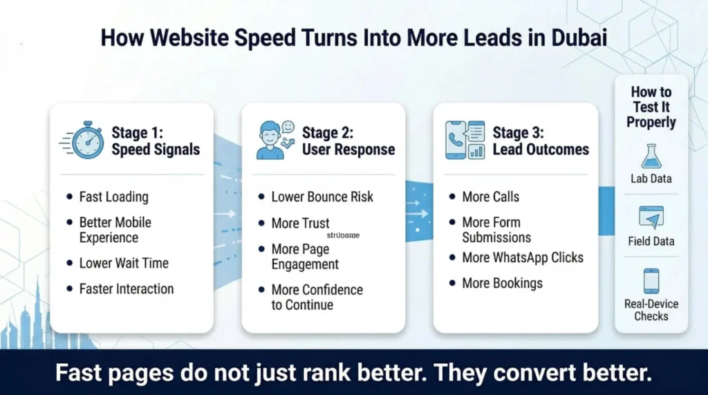 Infographic showing how website speed boosts leads in Dubai through faster loading, better user response, and increased lead outcomes like calls and bookings.