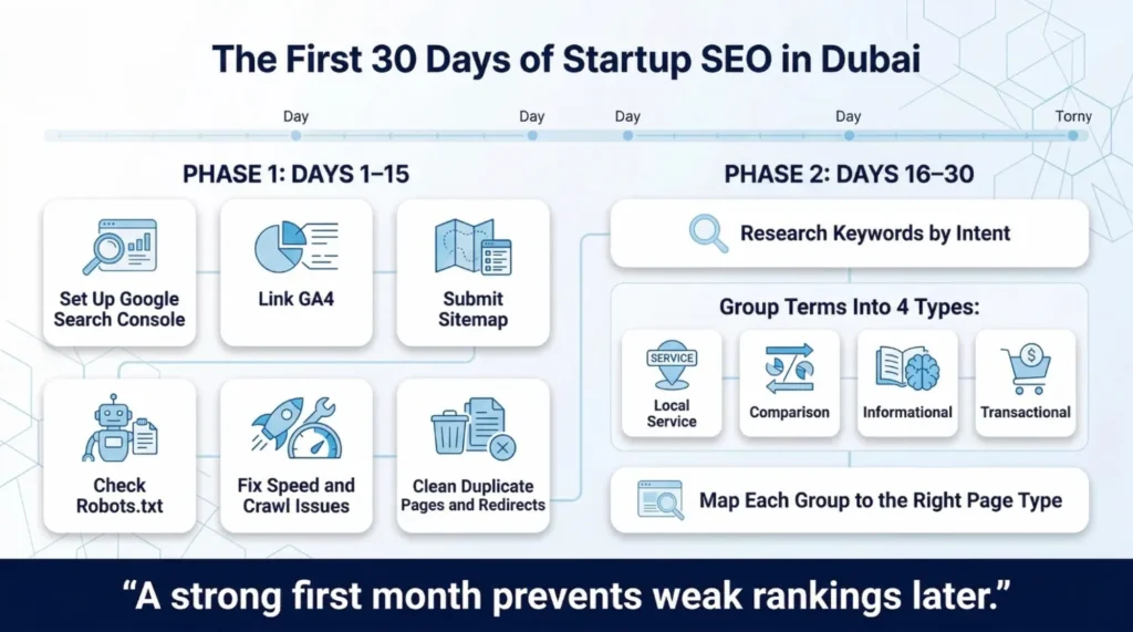 Timeline infographic showing a 30-day startup SEO plan in Dubai, detailing tasks for setting up Google Console, keyword research, and grouping terms by intent.