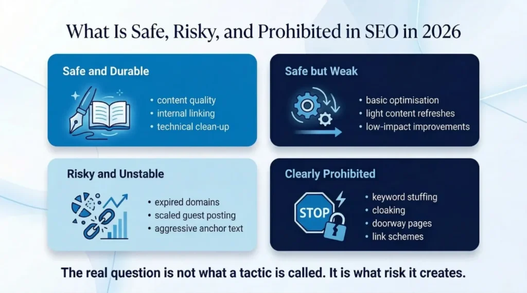 what is safe, risky and prohibited in seo 2026