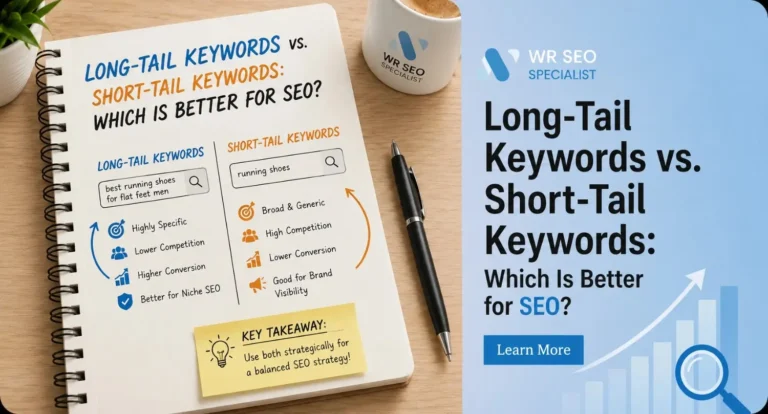 Notebook page comparing long-tail keywords and short-tail keywords for SEO, with pros, cons, and a key takeaway note, next to a pen and coffee cup.