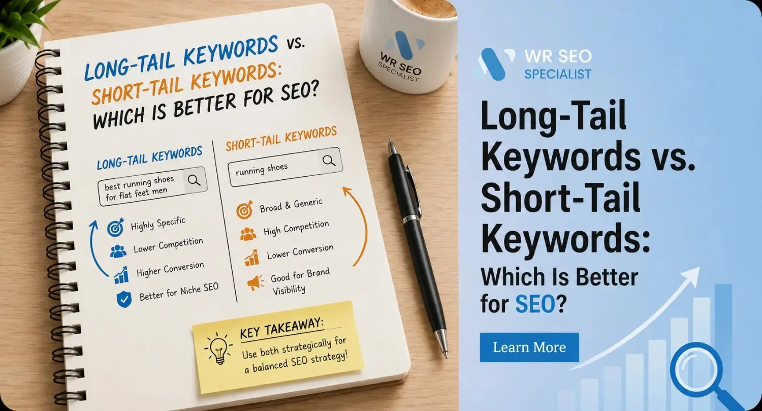 Notebook page comparing long-tail keywords and short-tail keywords for SEO, with pros, cons, and a key takeaway note, next to a pen and coffee cup.