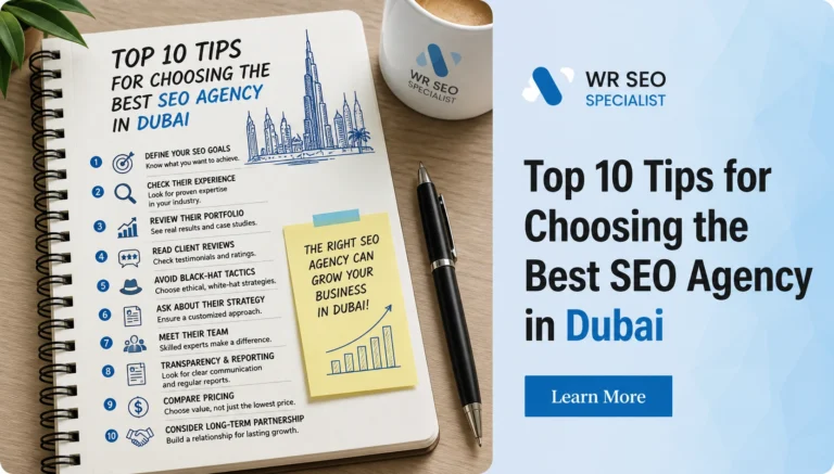 Notebook page listing "Top 10 Tips for Choosing the Best SEO Agency in Dubai" with icons, a pen, coffee cup, and Dubai skyline sketch.