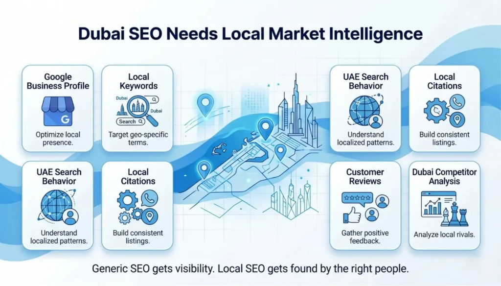 Infographic listing key elements for Dubai SEO: Google Business, Local Keywords, UAE Search Behavior, Local Citations, Customer Reviews, Competitor Analysis.
