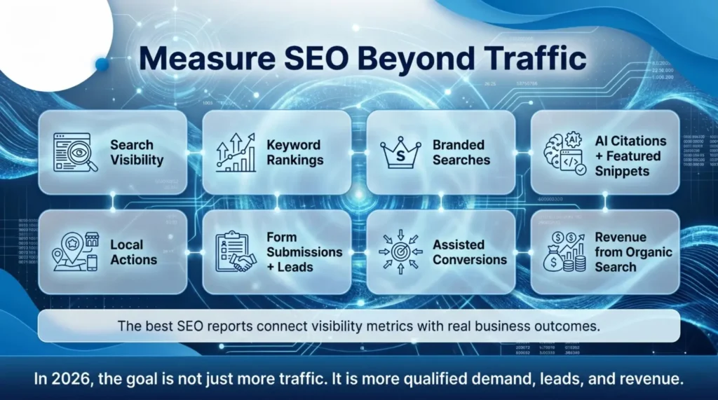Infographic detailing SEO metrics beyond traffic, including visibility, keyword rankings, branded searches, AI snippets, leads, conversions, and revenue.