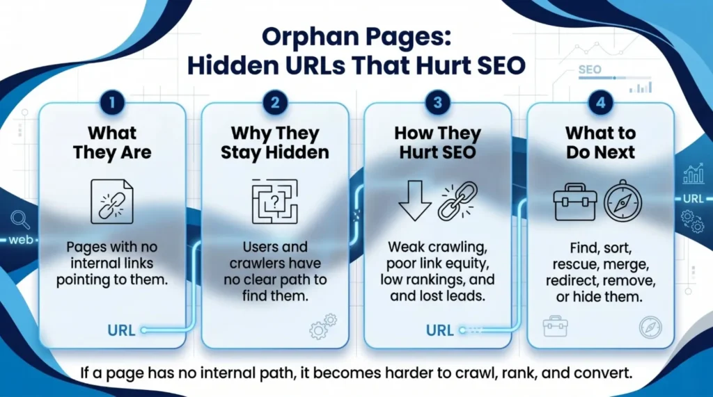Infographic on orphan pages: definition, why they're hidden, how they harm SEO, and steps to find, merge, redirect, or remove them.