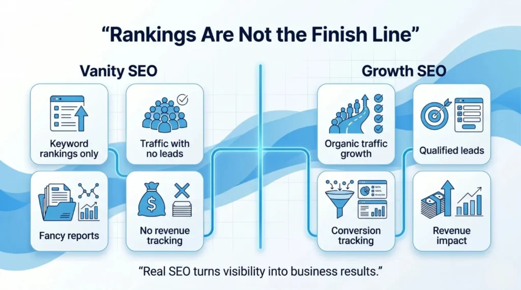 Comparison chart illustrating Vanity SEO focuses on keyword rankings and traffic without leads, while Growth SEO emphasizes organic traffic, qualified leads, and revenue impact.