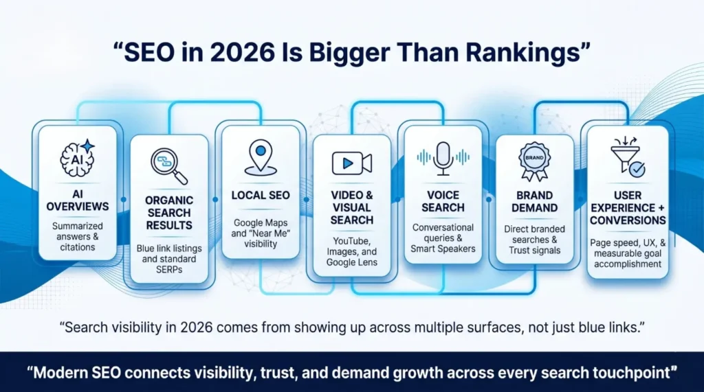 Infographic showing SEO in 2026 focuses on AI, organic results, local SEO, video, voice search, brand demand, and user experience for broad visibility.