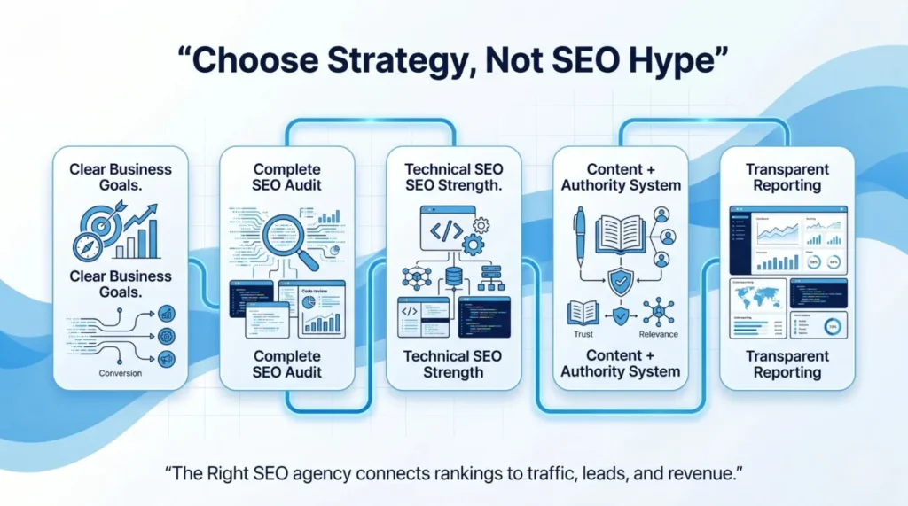 Flowchart illustrating the SEO strategy steps: Clear Business Goals, Complete SEO Audit, Technical SEO Strength, Content + Authority System, Transparent Reporting.