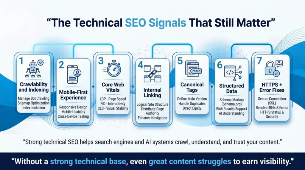 Infographic titled "The Technical SEO Signals That Still Matter" detailing seven key technical SEO factors for website optimization.