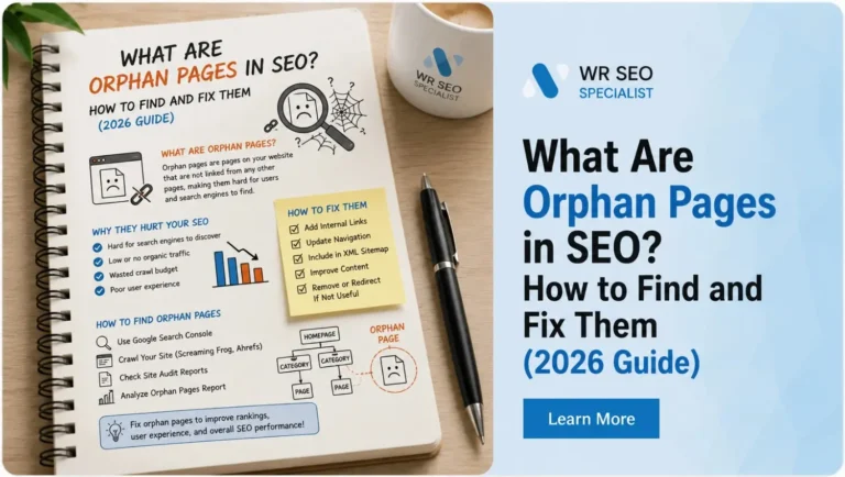 Notebook page explaining orphan pages in SEO, their impact, how to find and fix them, alongside a pen and WR SEO Specialist coffee cup.