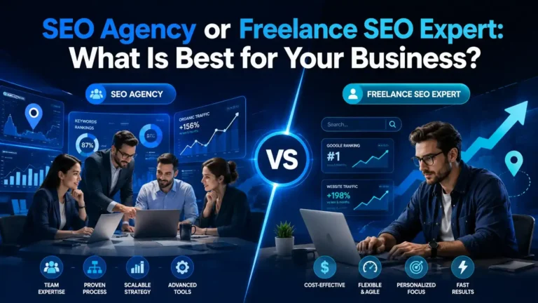 Comparison infographic between SEO agency and freelance SEO expert, highlighting benefits and strategies for business growth.