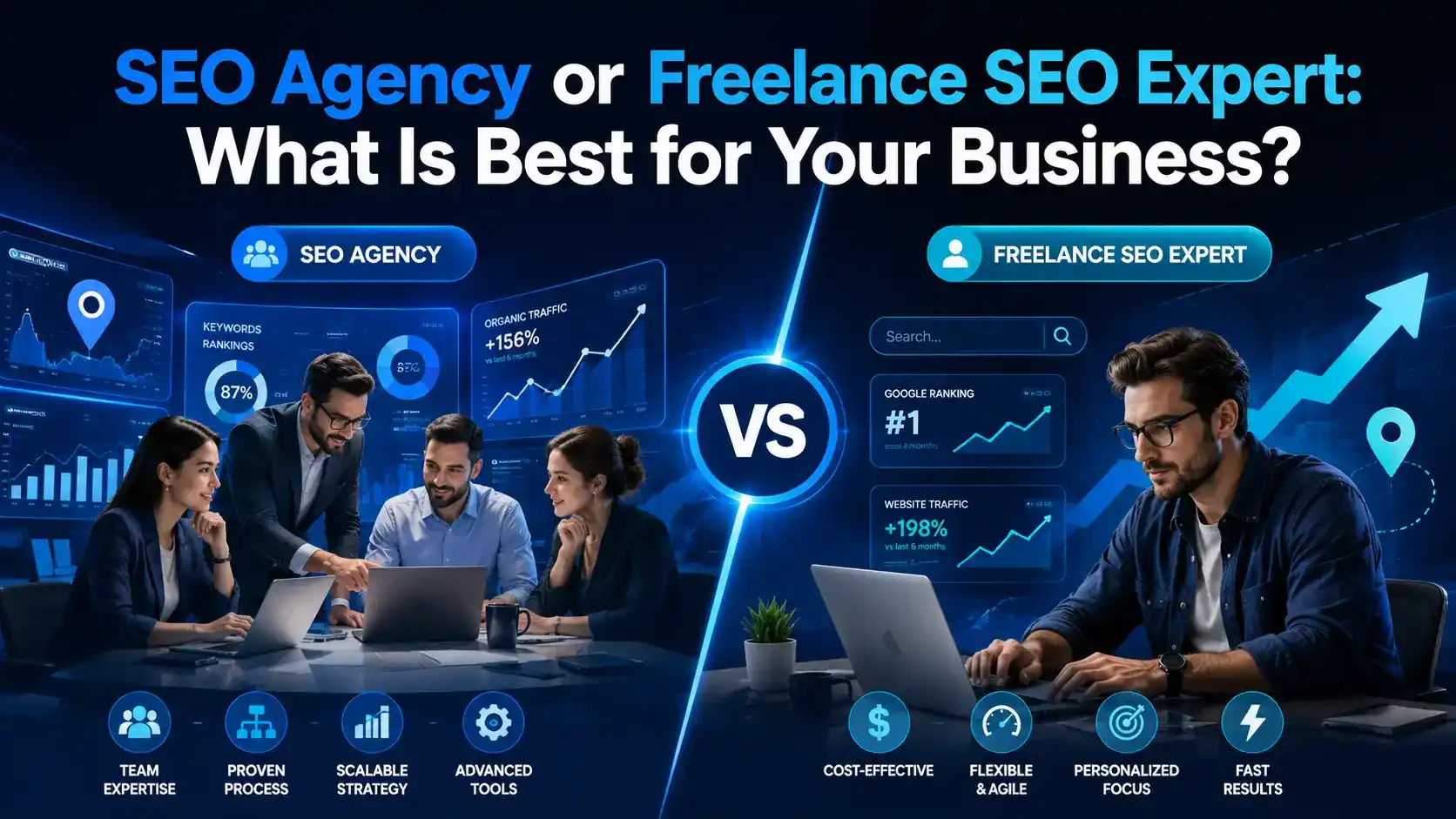 Comparison infographic between SEO agency and freelance SEO expert, highlighting benefits and strategies for business growth.