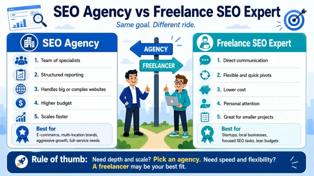 Infographic comparing SEO Agency and Freelance SEO Expert, highlighting key features, benefits, and best use cases for each.