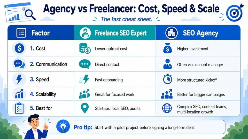 Infographic comparing freelance SEO experts and SEO agencies on cost, communication, speed, scalability, and best fit.