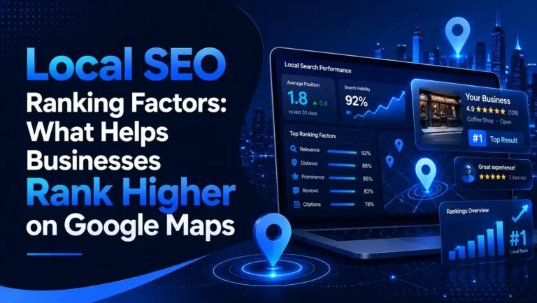 A digital dashboard on a laptop screen showing Local SEO ranking factors, including relevance, distance, and prominence metrics for business growth.