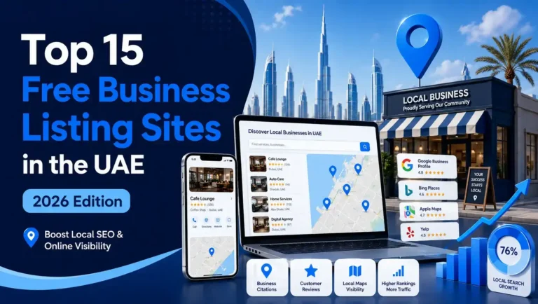 Infographic showcasing top 15 free business listing sites in the UAE with a laptop and smartphone displaying local business information.