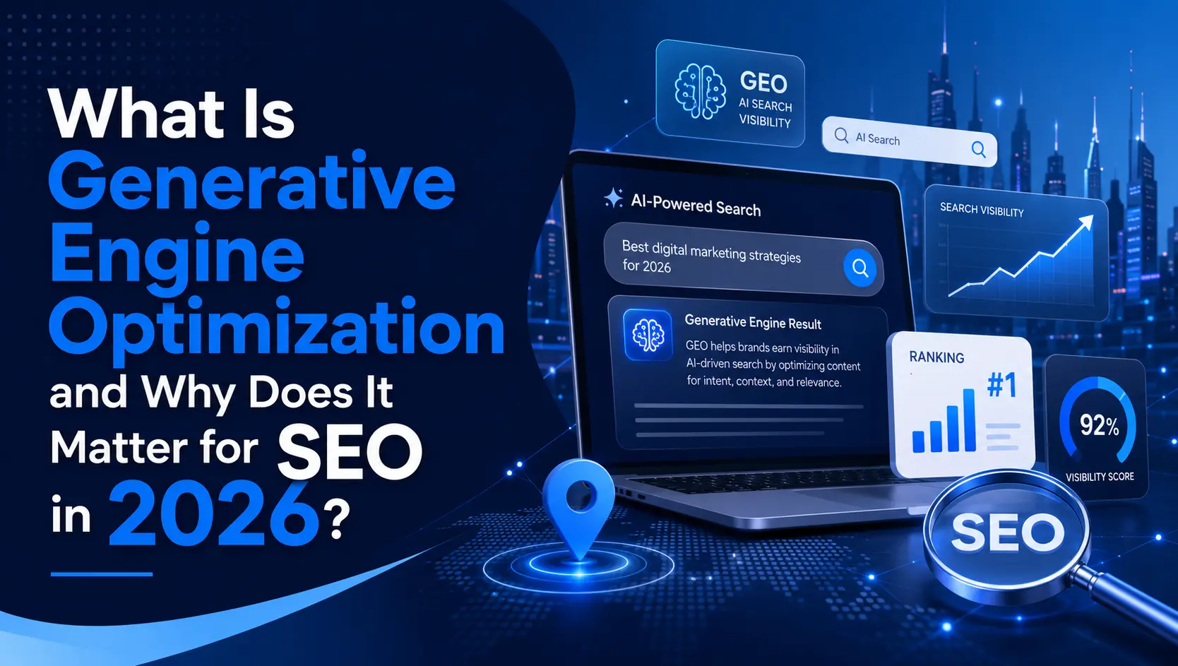Digital illustration of a laptop displaying generative engine optimization concepts for SEO in 2026, with graphs and text.